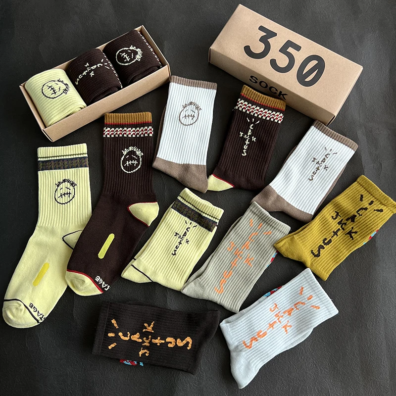 Men\'s Socks 3 Pair/Box Cactus Jack Socks Cotton Sport Hip Hop Basketball Skateboard Brown /Yellow Sockken Wholesale Mens Gift