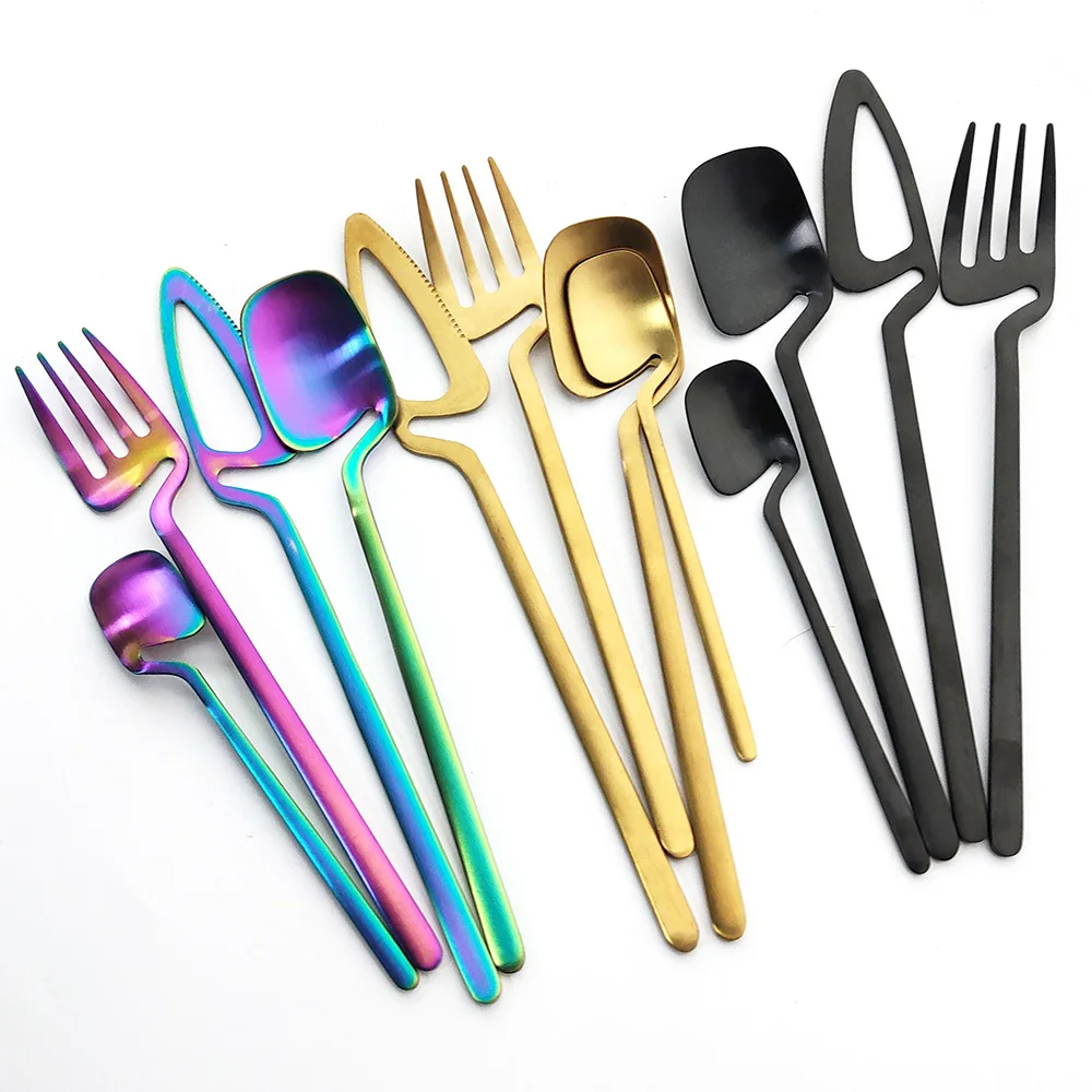 1/4Pcs Tableware Set Spoon Fork Knife Cutlery Sets kitchen Tool Ice Cream Desserts Tea Coffee Use Kitchen Dinnerware Black