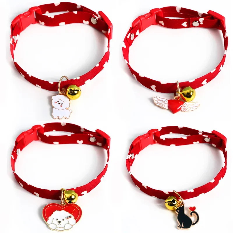 Christmas Red Bowknot Cat Collars Heart Dots Pattern Chihuahua Puppies Collar with Pendant Adjustable Kitten Necklace Pets Gift