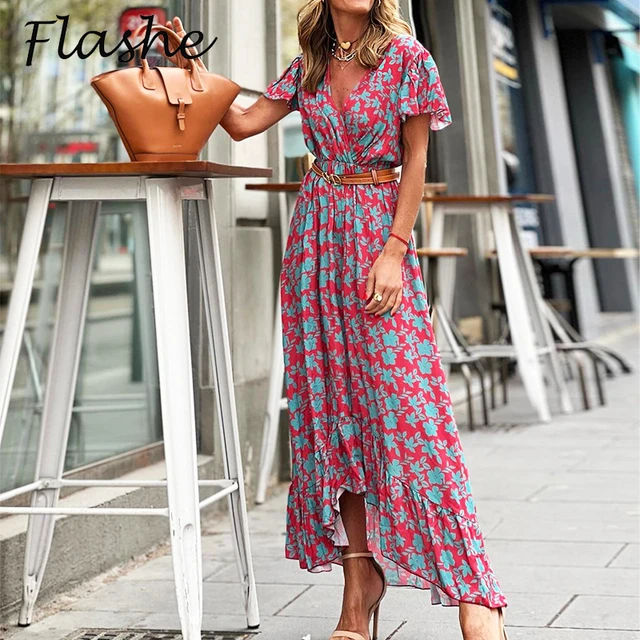 Summer Maxi Dresses For Women Short Sleeve A Line V Neck Vintage Print Dress Women Summer Casual Long Dress Boho AliExpress