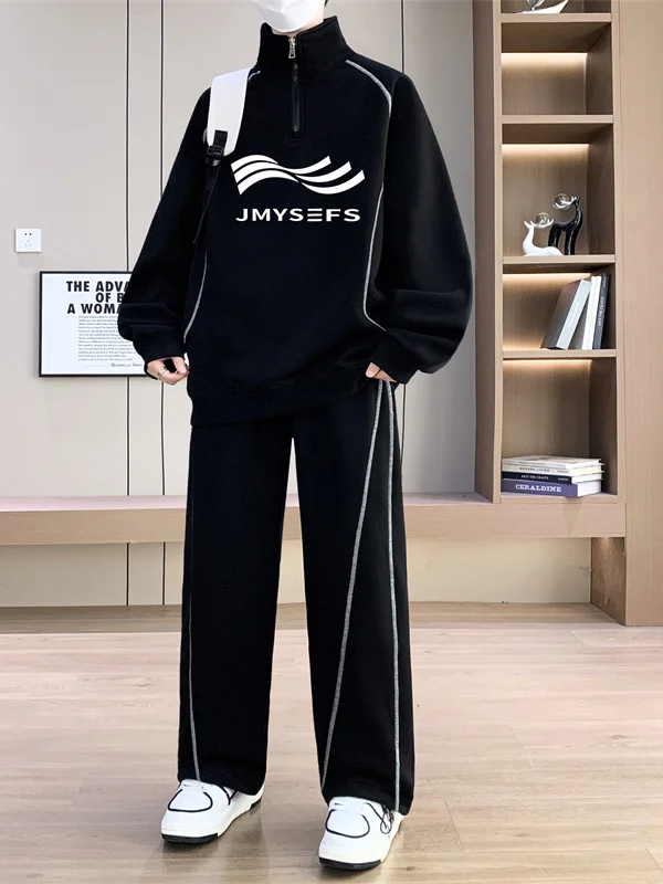 

Casual Sportswear f Zip Hoodie Set Men's Long Sve Stand Collar Trendy Two Piece Autumn Outfit Cotton Polyester Blend