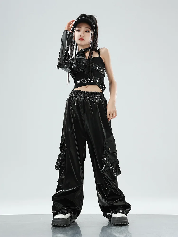 Hip Hop Girls Crop Top Cuff Camouflage Cargo Pants Clothes Sets Child PU Leather Street Dance Joggers Kids Streetwear Costumes