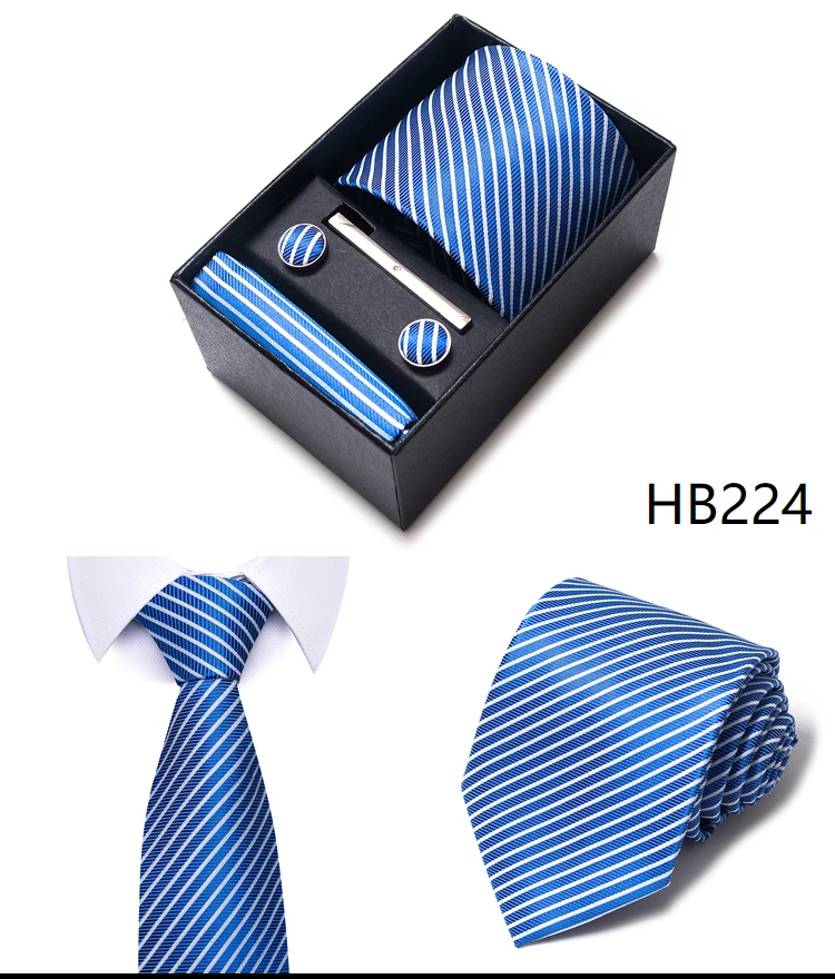 Krawatte Taschentuch Manschettenknopf Set für Männer Krawatte Urlaub Geschenkbox Blau Gold Anzug Zubehör Schlanke Hochzeit Gravatas – Detail 30