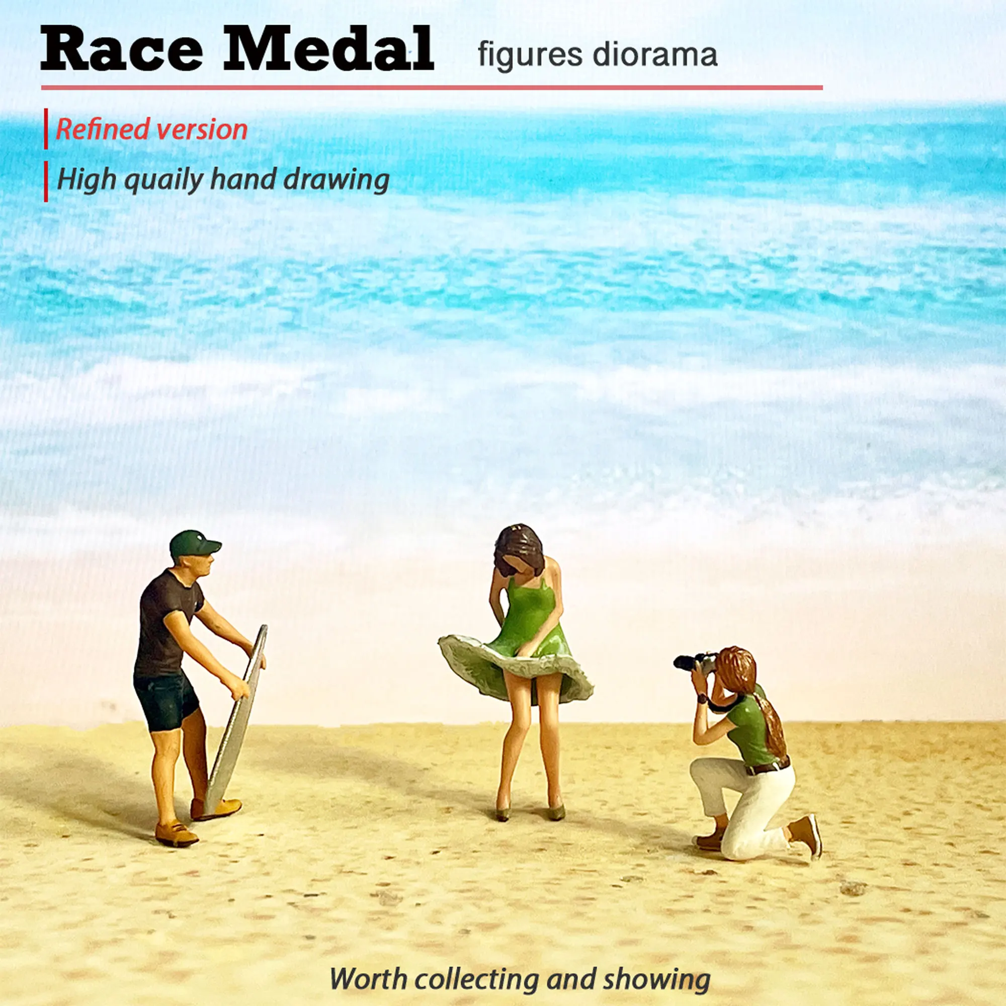 

Sand table made 1/64 plant atmosphere beach shooting combination skirt flying female photographer mini doll creative gift