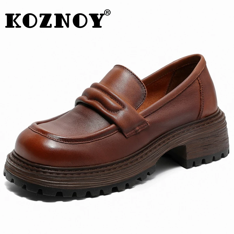 

Koznoy 5cm Genuine Leather Heels Women Spring Boots Retro Summer Autumn Pumps Platform Wedge Luxury Mary Jane Pils Mules Shoes