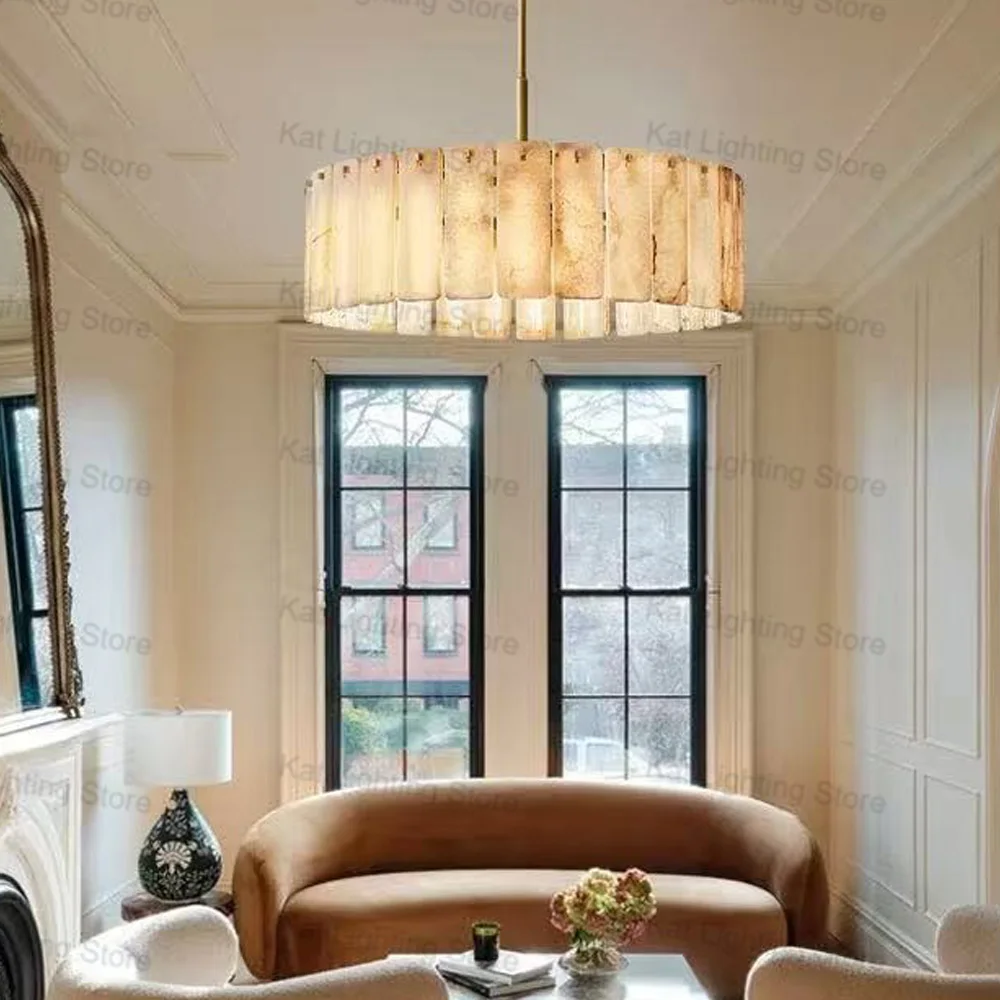 

Contemporary Marble Chandelier with E26 Bulbs Adjustable Chain Round Rectangular Pendant Lamp Dimmable Lustre for Villa