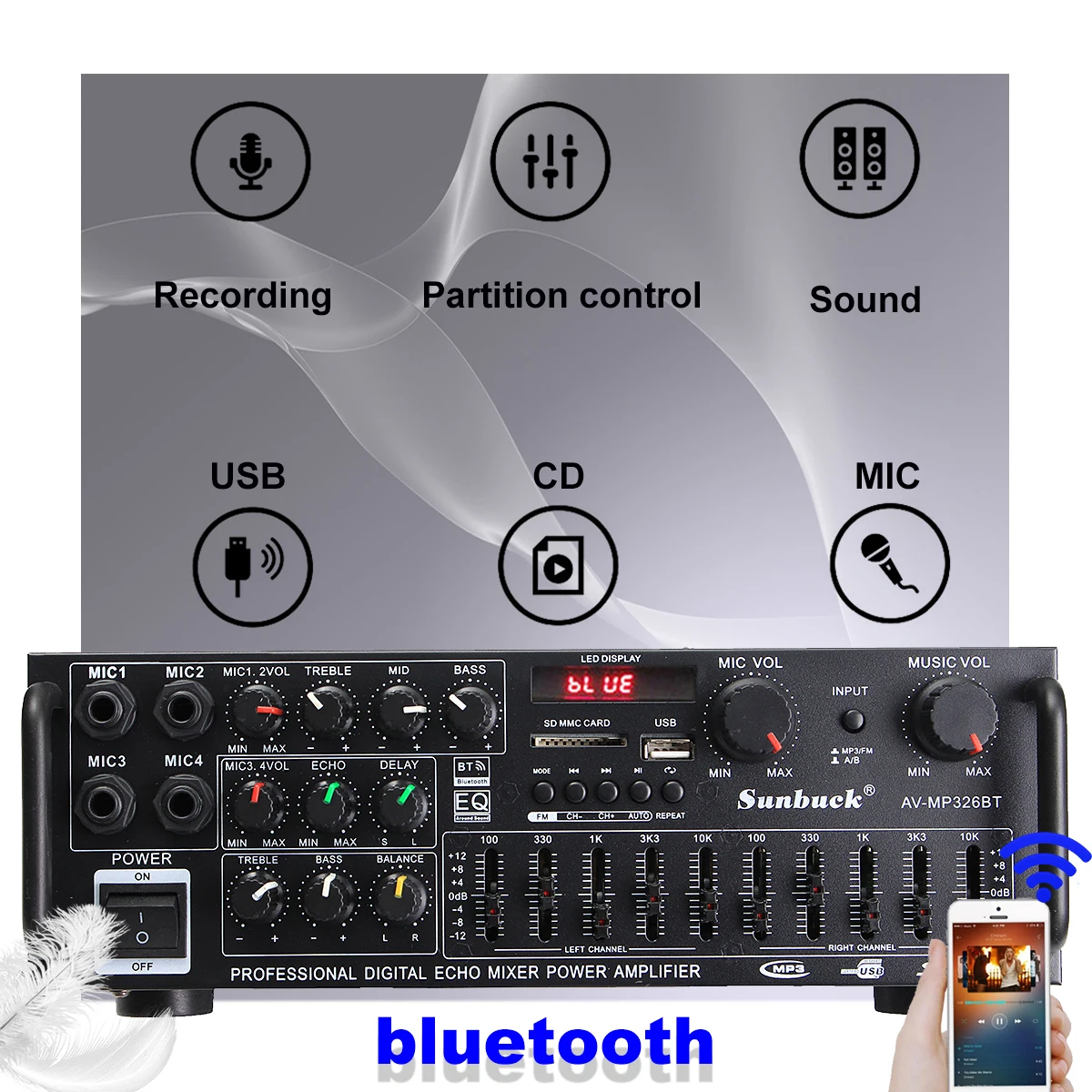 8000W Bluetooth-Verstärker 110/220V Audio-Stereo-Digital-Verstärker mit USB-, SD-, FM-, DVD-, AUX-Unterstützung, 4-Wege-Mikrofoneingang und Fernbedienung – Detail 6