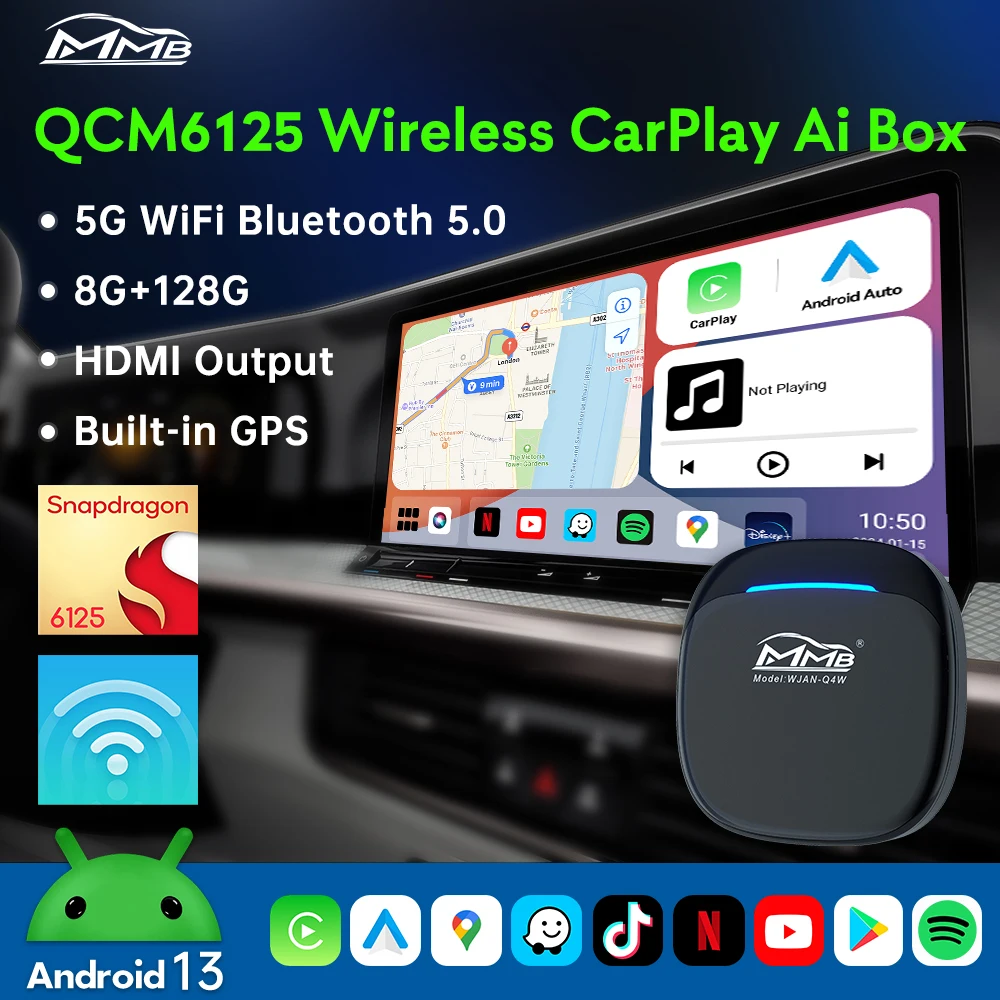 2025 MMB MAX 4.0 CarPlay TV Box Android 13 OS QCM 8-Core 665 6125 Wireless CarPlay Android Auto AI Adapter Magic Box 4G LTE GPS