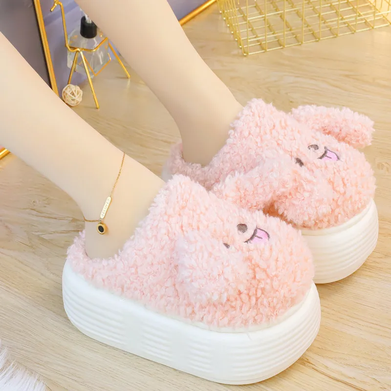 Women\'s Shoes Winter High-heeled Thick-soled Cotton Slippers Women\'s Bag And Slippers Winter Warm Cute Dog Fur Shoes Indoor