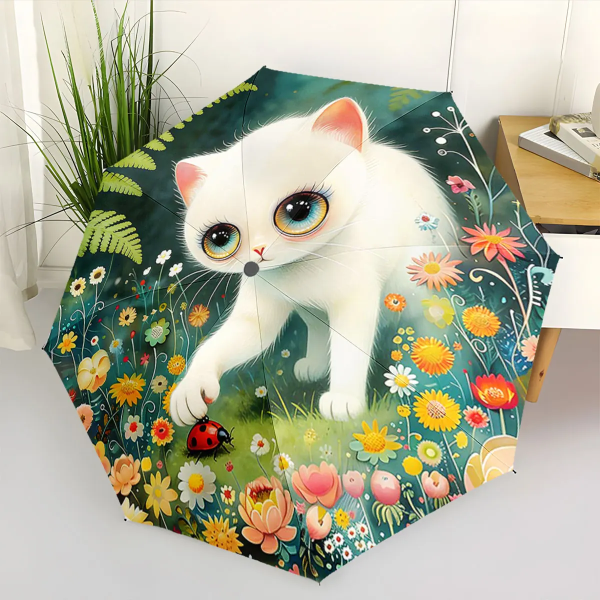 1PC Whimsical Cat in a Colorful Garden Scene Umbrella Print 8 Iron Ribs Folding Umbrella Auto-Open Fashion Sunshade