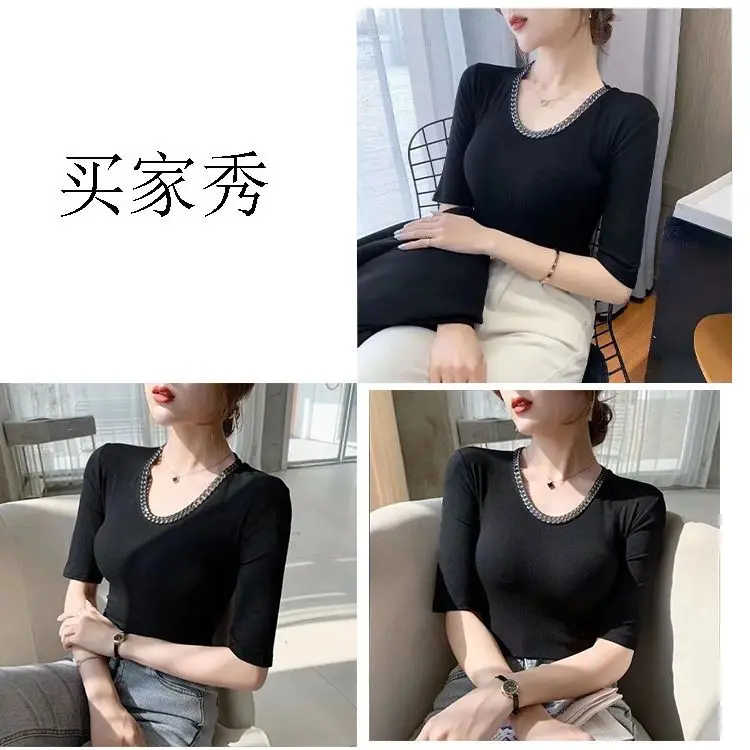 Round Necked Iron Chain Short Sleeved T-shirt Bottom Top Women\'s Clothing 2024 Summer New Versatile Outerwear Ins Top