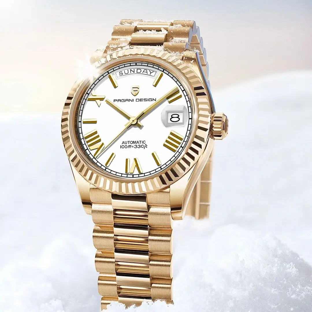 PAGANI DESIGN DD36 Gold White Automatic Men AR Sapphire Glass Date Week thumbnail 2