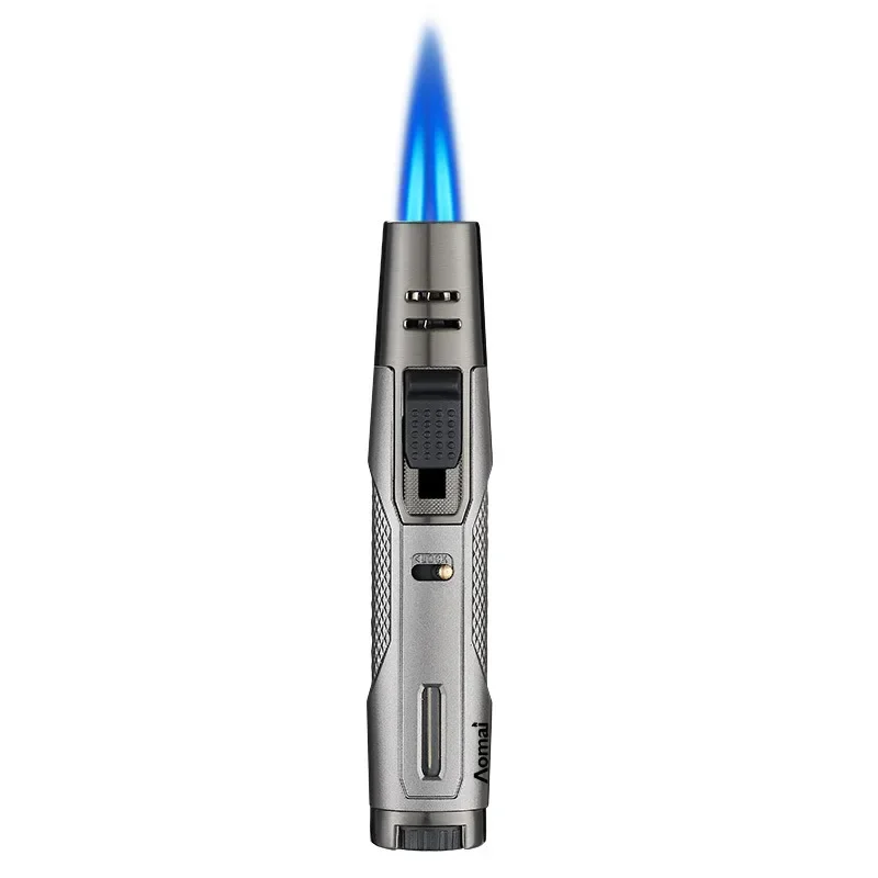 Metal Double Straight Blue Flame Butane Gas Torch Lighter Visible Gas Window Safety Lock Fire Switch BBQ Cigar Lighters Smoking