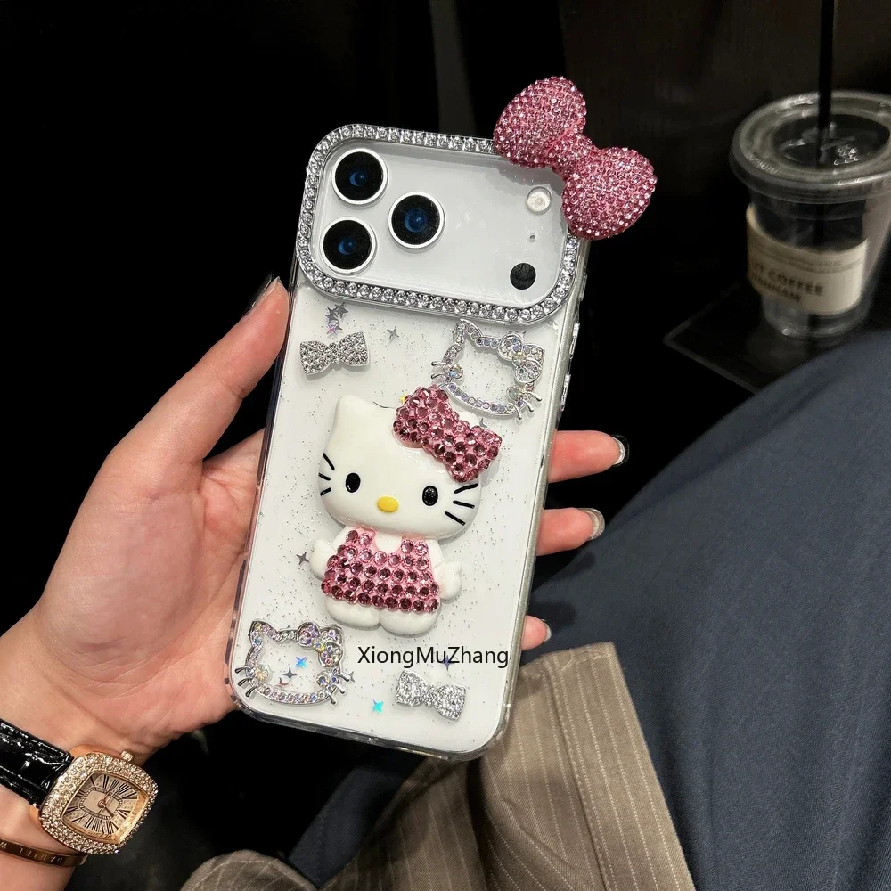 3D-Stereoskopische Handyhülle für iPhone 18 17 16 15 14 13 12Pro Max Niedliche Cartoon Sanrio Hello Kitty Schleife Glitzernde Lanyard-Hülle – Detail 3