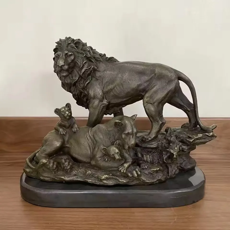 

Lion Family Real Bronze Statue Love Wild Animal Sculpture Wildlife Art Home Office Table Decoration Gift Large