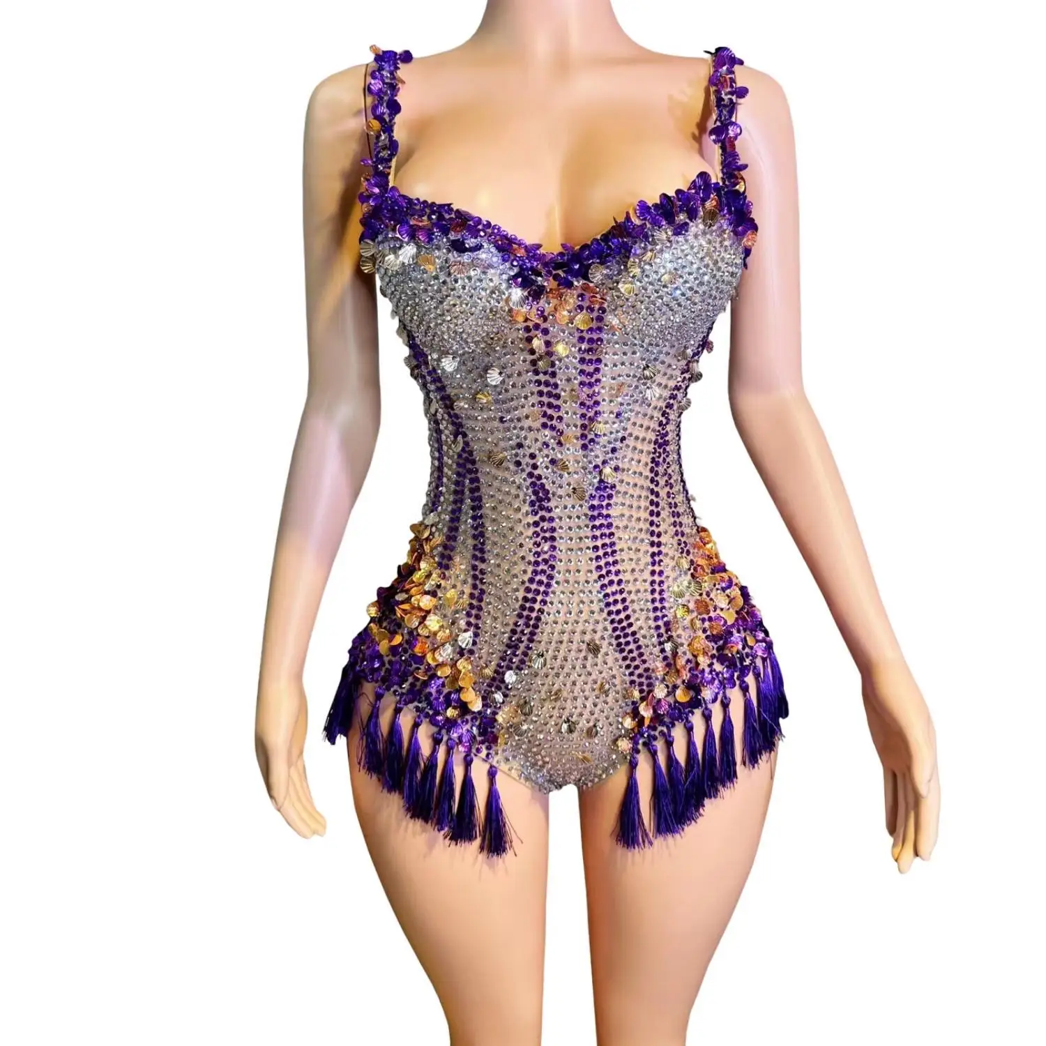 

Sparkly Rhinestones Sequins Tassel Bodysuit Women Sexy Performance Dance Costume Nightclub Singer Dancer Photoshoot Wear Nanning