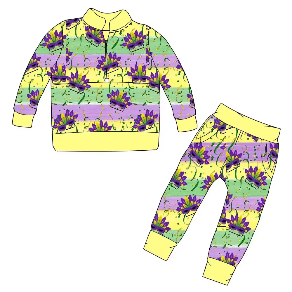 New design carnival suit kids long sleeve suit half zip top mask print fashion kids autumn clothing wholesale