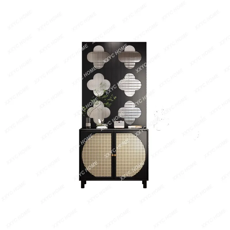 Chinese-Style Solid Wood Rattan Shoe Cabinet Glass Subareas Screens Living Room Dining Room