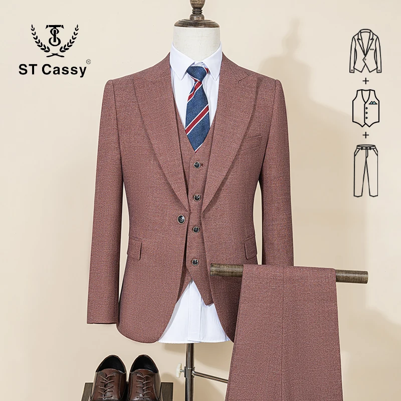 

ST Cassy High Quality Male Groom Wedding Blazers Slim fit casual evening gown Business Office Maroon Men's Suits