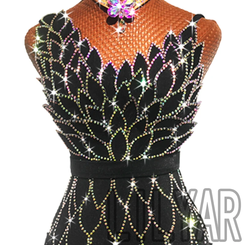 New Latin Dance Performance Competition Performance Clothing Black Tassel Sparkling Diamond Slim High-End Dance Skirt