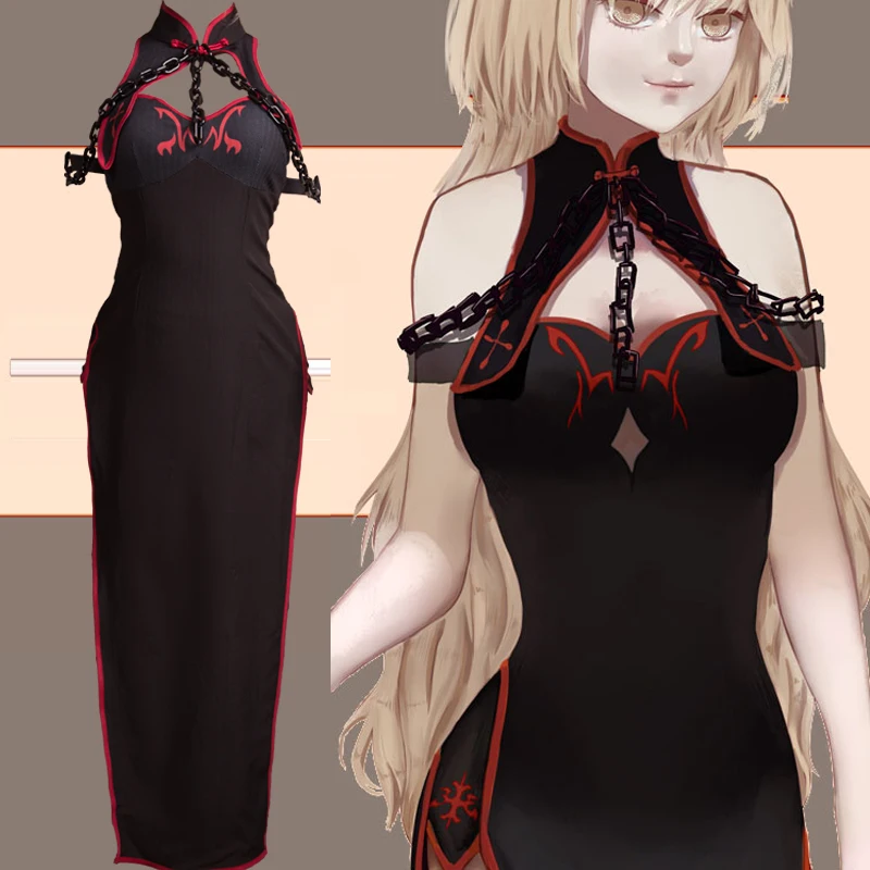 

Custom Size Fate Grand Order Jeanne d'Arc Alter Cosplay Costume Cheongsam Chipao Black Dress Chain Accessories Anime Outfits cos