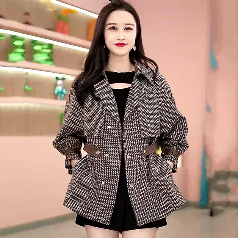 

Houndstooth Blazer Short Coat Women 2024Spring Autumn New Luxury Female Outwear Fashion Loose Long-Sleeved casual Blazer Jackets