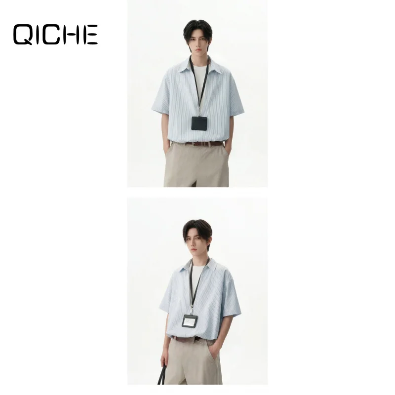 QICHE Men 2026 Summer Fake‑Two‑Piece V‑Neck Vertical‑Stripe Short‑Sleeve Shirt Elastic‑Hem Loose Casual Top