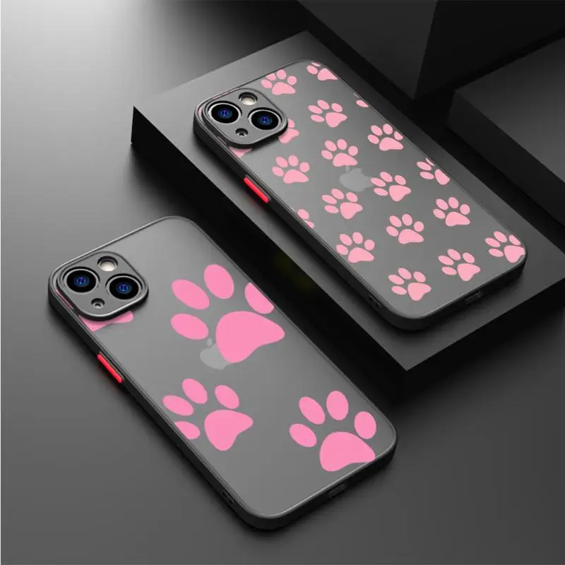 

Dog Footprints Cute Pink Case For Apple iPhone 15 11 14 13 12 Pro 7 XR X XS Max 8 Plus 6 6S SE 2022 Black Matte Phone Funda