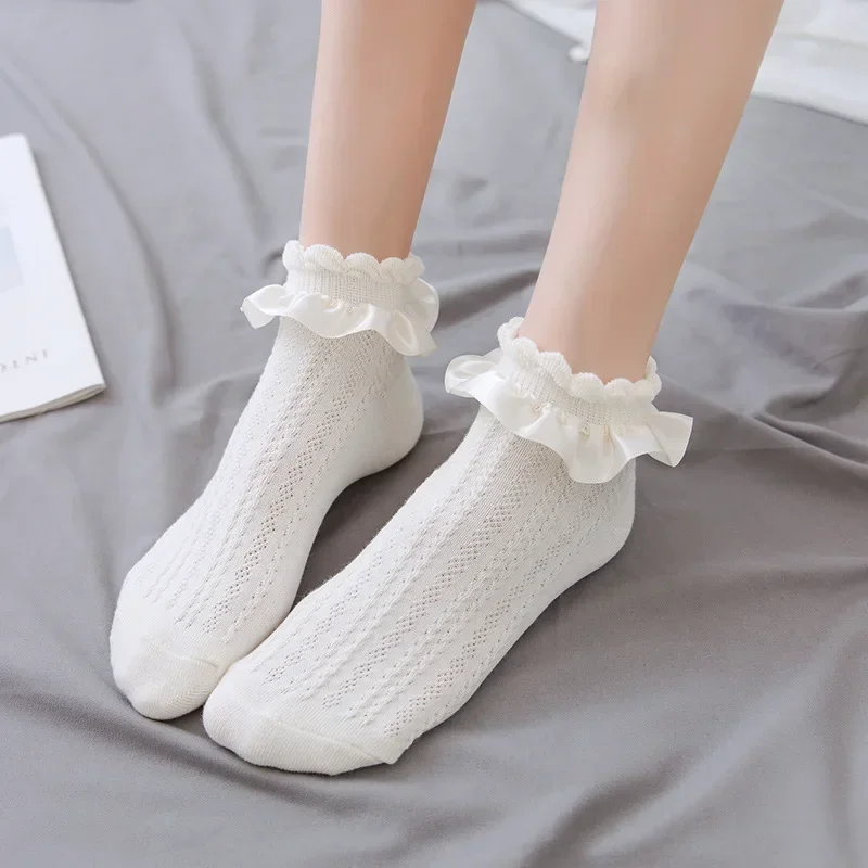 Lolita Socks Women's Ruffle Socks With Frill Black White Kawaii Cotton Lace Low Cut Socks Cartoon Sweet Girls Hosiery