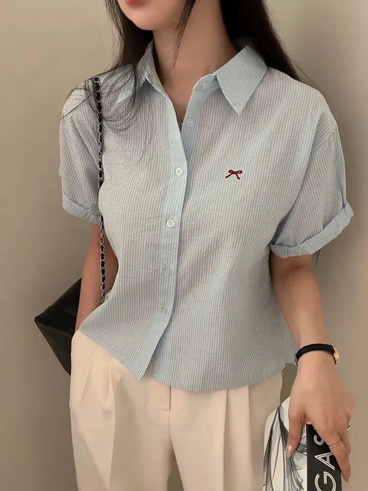 Women's Summer Stripe irt Embroidered  Knot ort Sve Single Button High-End Feel Top Quali Faionable