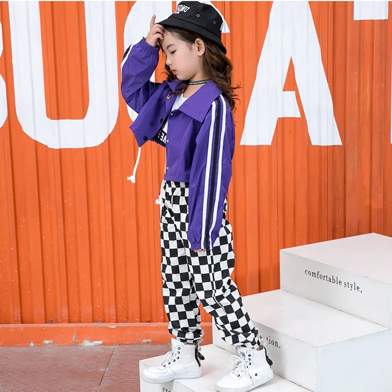 Girls Crop Jacket Plaid Pant Hip Hop Kids Checkered Street Dance Clothes Sets Child Jazz Short Coat Outfits Costumes Streetwear