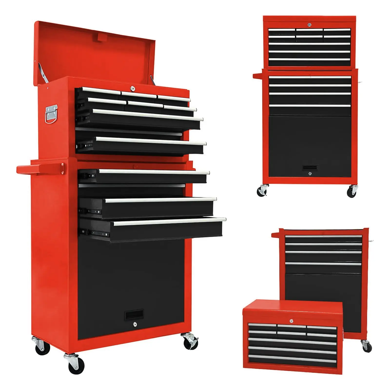 13 Der Tool Chest,Tool Box with Wheels, Rolling Tool Cabi with Ders, Top Detachable Tool Chest with Hooks Handles for