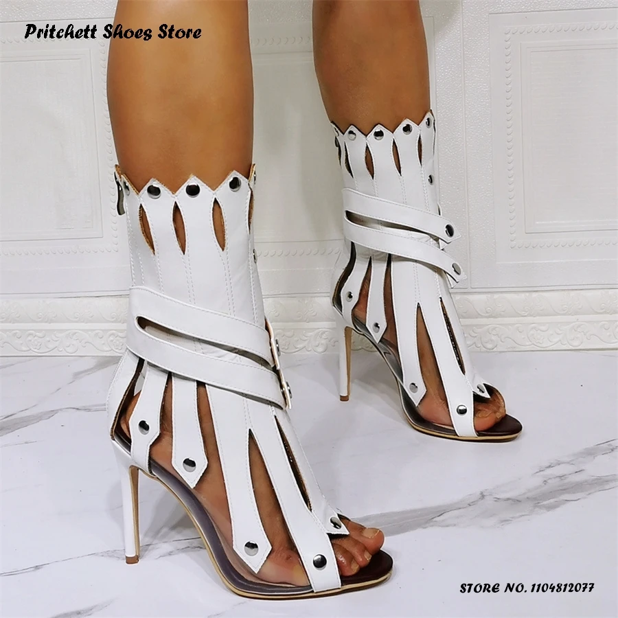 Women's Gladiator Summer Ankle Boots Leather and PVC Back Zipper Trending Shoes Rome Round Open Toe Thin Heels Fashion Booties