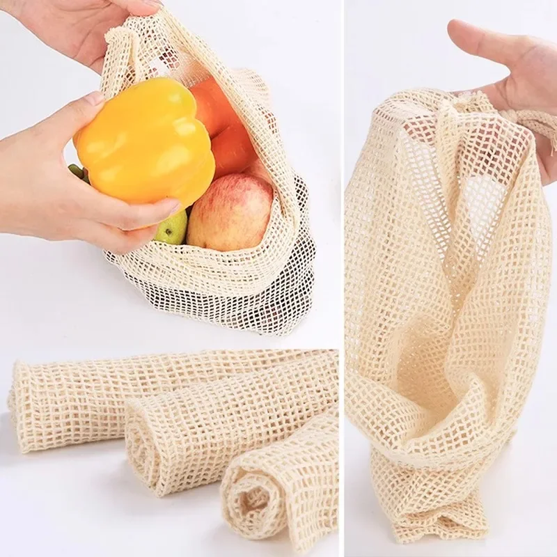 Cotton Mesh Vegetable Bags Produce Bag Reusable Cotton Mesh Vegetable Storage Bag Kitchen Fruit Vegetable with Drawstring