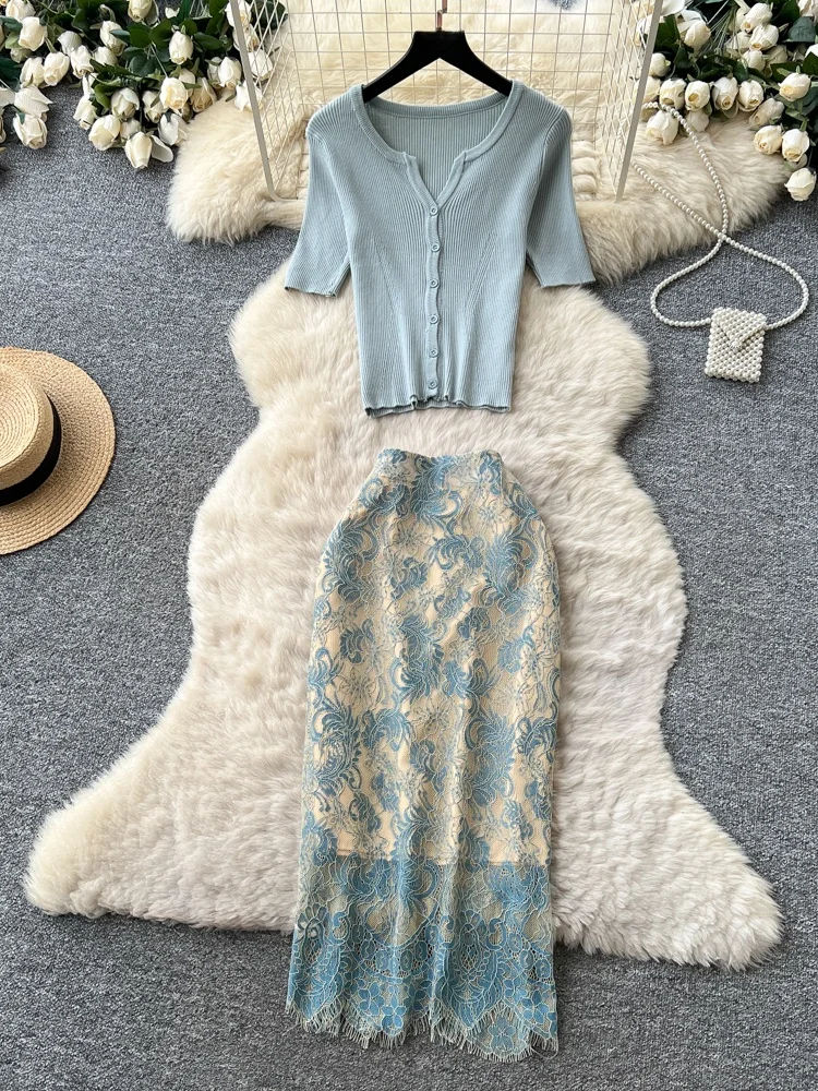 

Korean Style V-Neck Knitted Top Lace Wrap Skirt Women's Slimming Two-Piece Set Summer Commute Fashion Casual Workwear