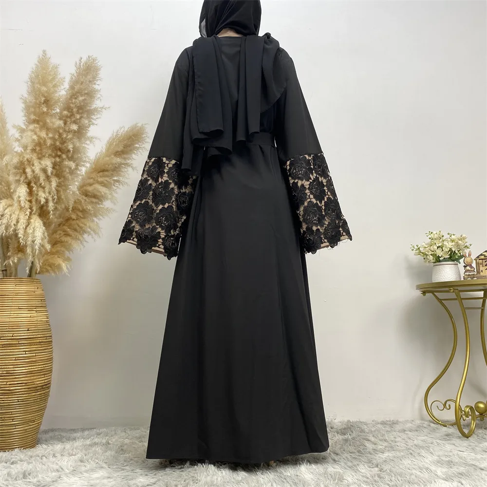 Czarna koronkowa Eid Ramadan muzułmańskie kobiety ubierają dubaj turcja Kaftan otwarta Abaya kardigan kimono islamska odzież arabska szata Jalabiya