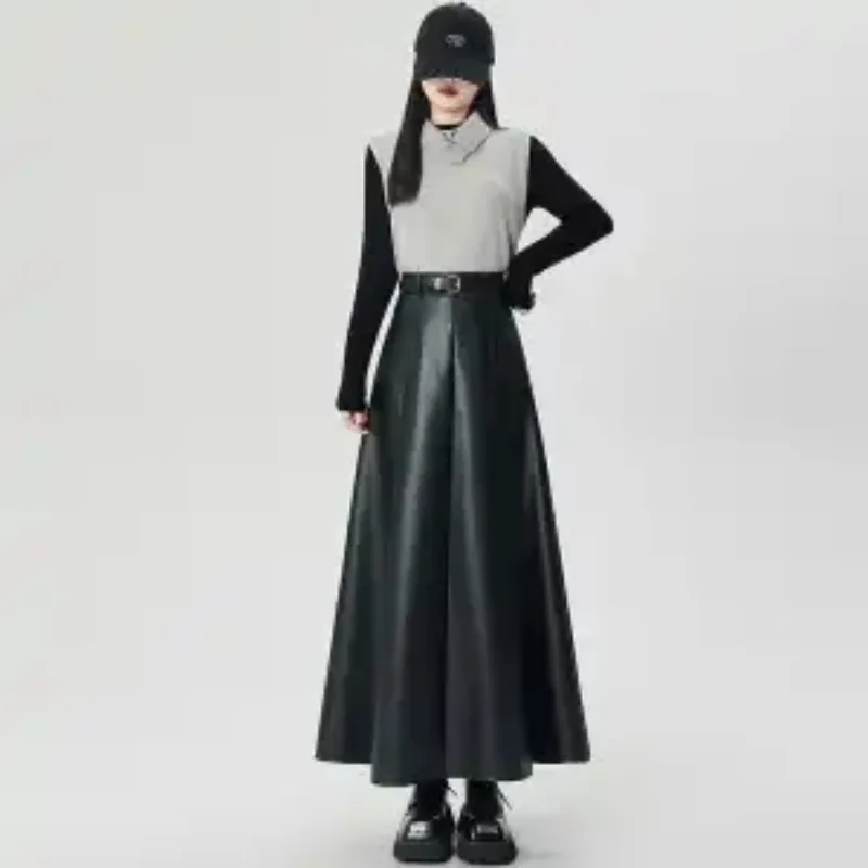 Ankela falda de piel roja falda de medio cuerpo Otoño/Invierno nueva falda acampanada de cintura alta falda de cadera falda de paraguas de largo medio
