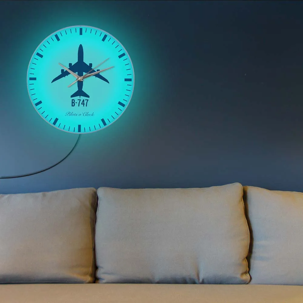 Boeing 747 Passenger Airplane Modern Design LED Lighted Wall Clock Pilot Home Decor Aircraft Plane Wall Watch Night Light Clock