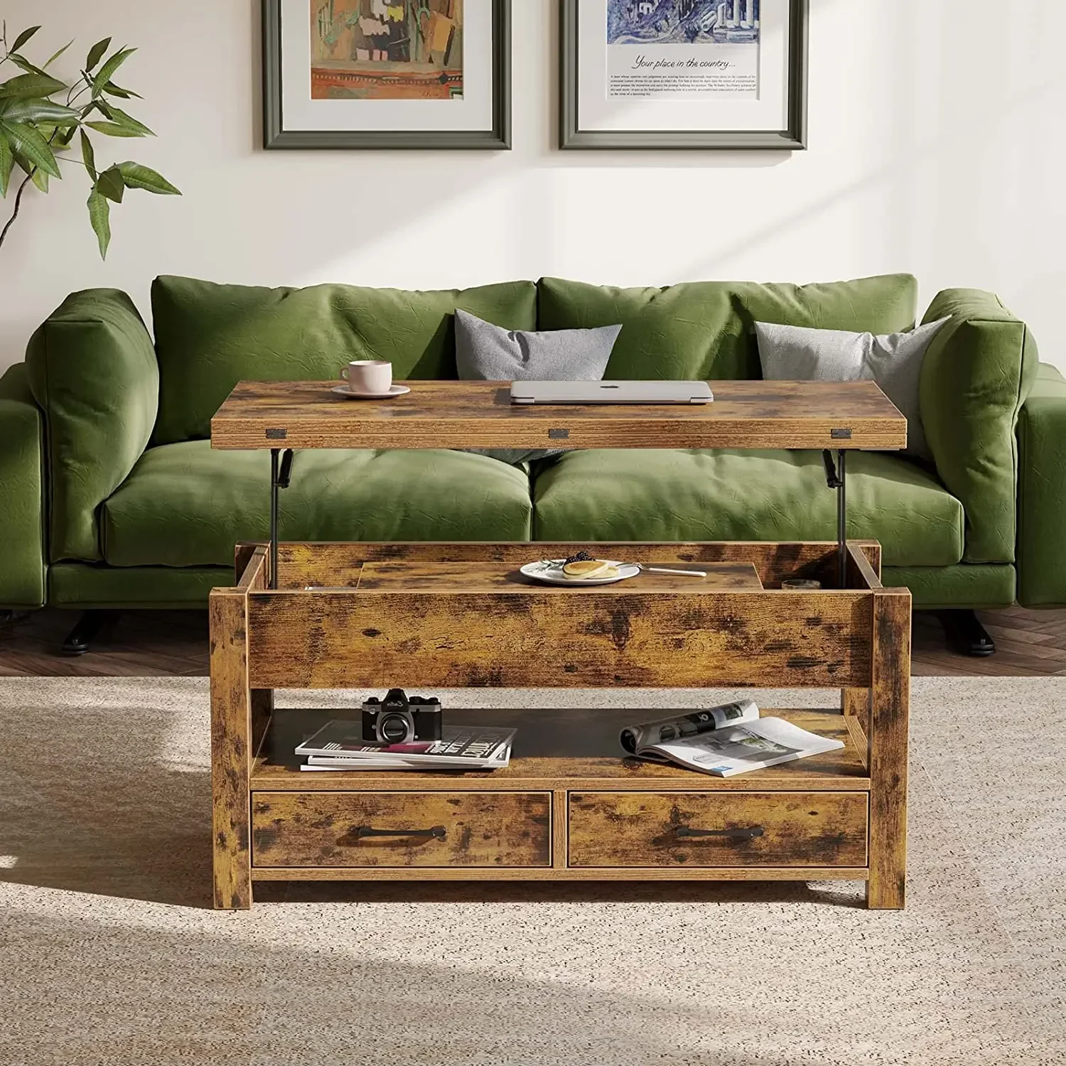 Multi-Function Convertible Coffee Table with Drawers and Hidden Compartment Dining Table for Living Room Home Office