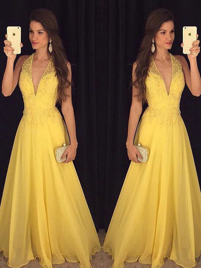 Sexy Lace Yellow Deep V Neck Women Evening Dress New Arrival Appliques Formal Prom Gowns Backless Female Vestidos Robe De Soiree