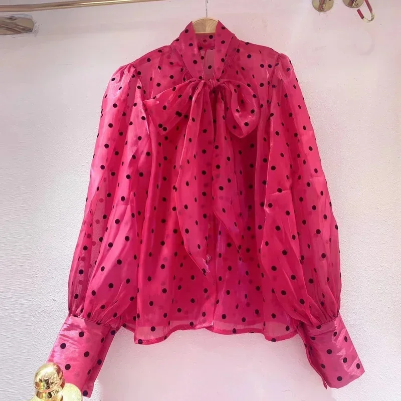 

Polka Dot Print Blouse Office Lady Bow Tie Long Puff Sleeve Shirt Women Tops 2025 Autumn New Sweet Loose Clothes