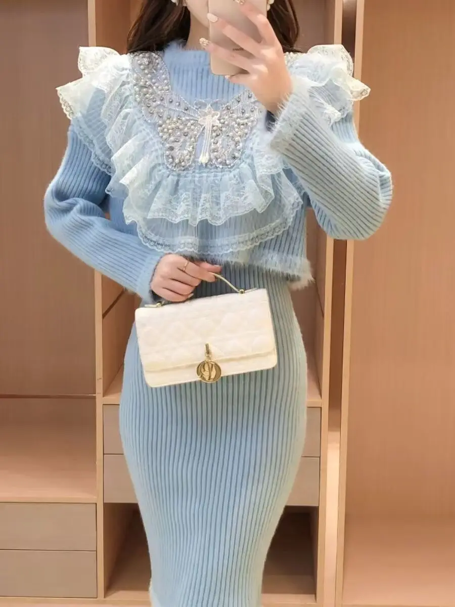 Zestaw sukienki midi na ramiączkach z dzianiny Fashion 2025, bogato zdobiony, dwuczęściowy strój z koralikami i dżetami.