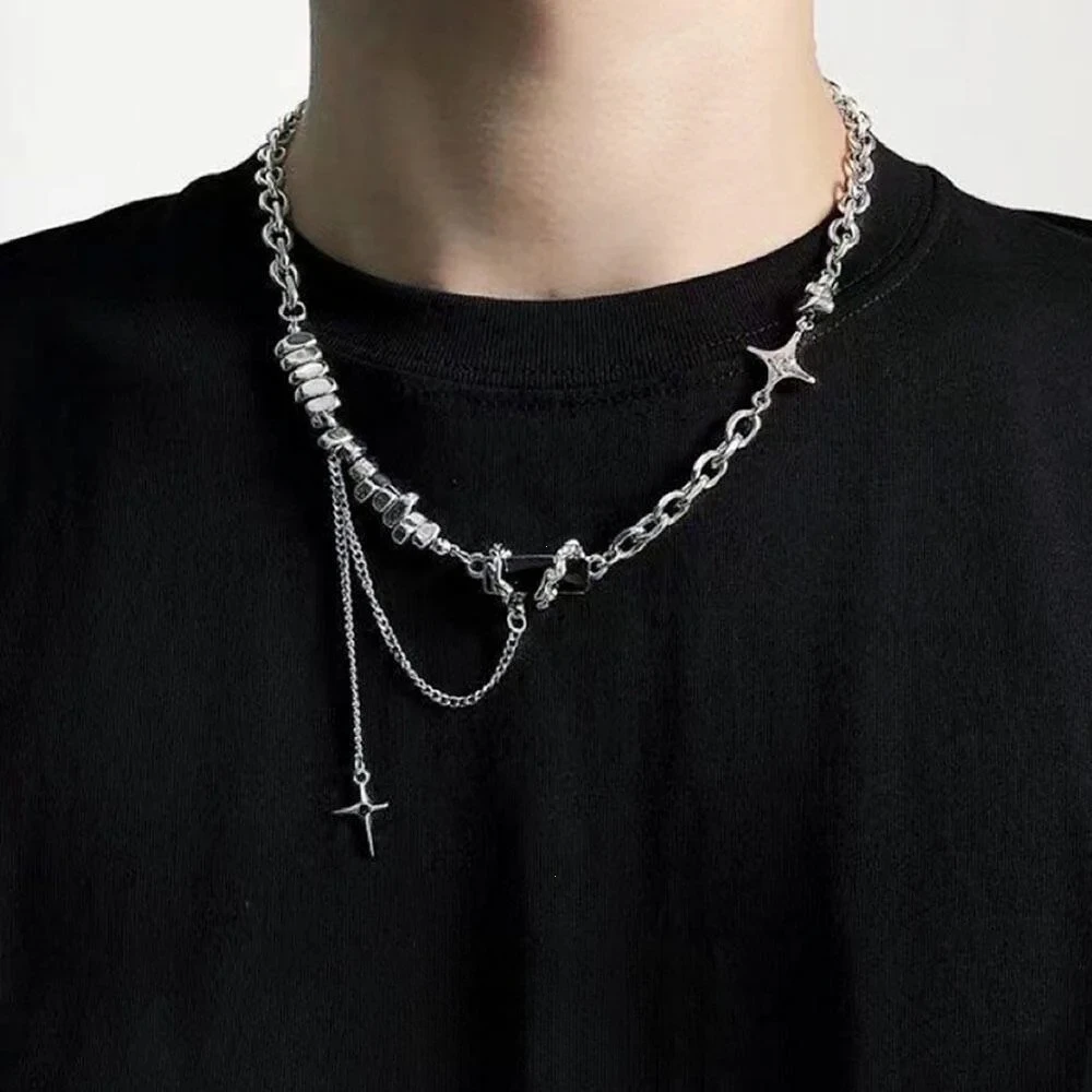 

Black Star Necklace For Men Women Trend Cross Pendant Collar Sweater Chain Hip Hop Kpop Jewelry Male Accessories