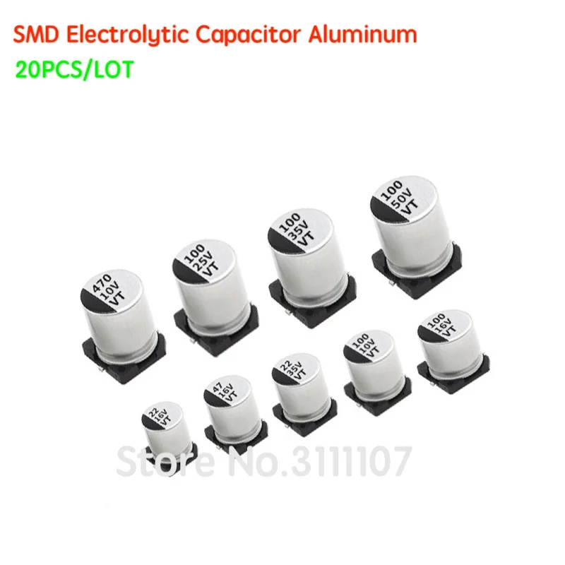 20PCS/LOT  SMD Electrolytic Capacitor Aluminum 6.3V 10V 16V 25V 35V 50V 1UF 2.2UF 4.7UF 10UF 47UF 100UF 220UF 330UF 470UF 680UF