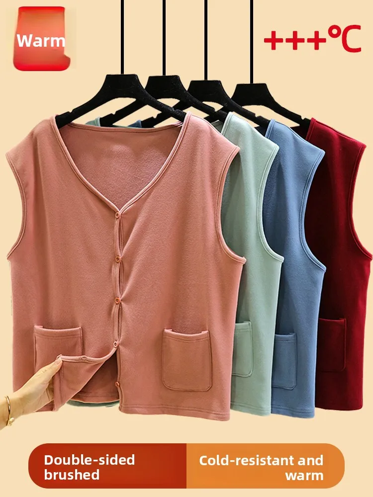 Warm Fleece Vest Women's Winter Inner Wear Button up Sleeveless Top Self Heating Cold Proof Shoulder Pad Can Be Worn outside