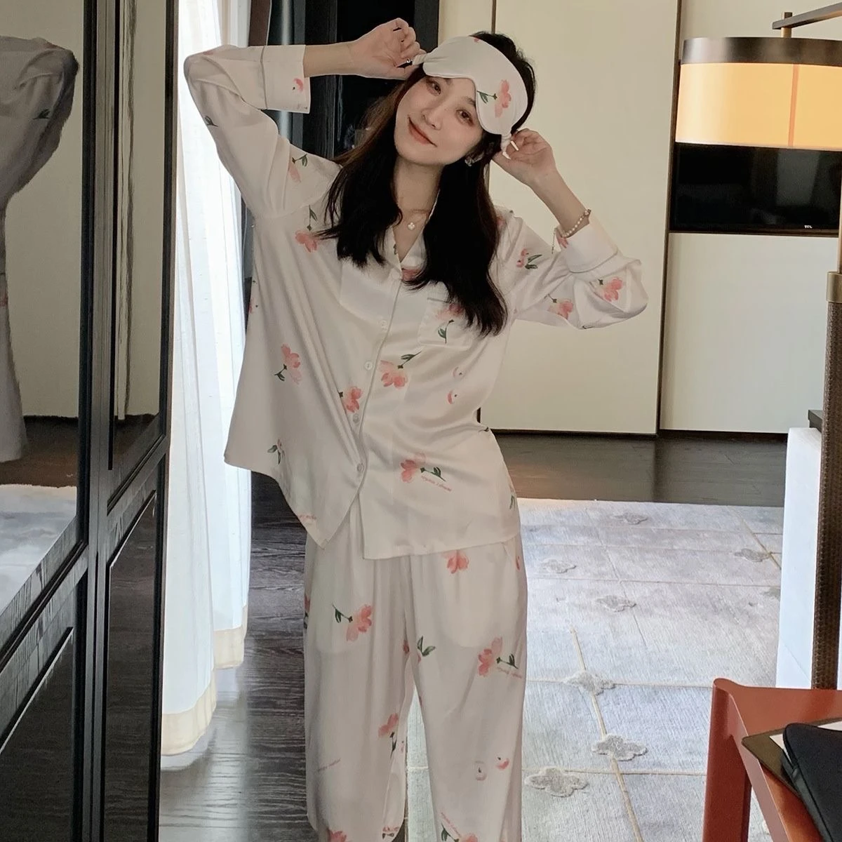 Women Sleepwear Set Spring Satin Long Sleeve Pajama Set Turn Down Collar Faux Silk Print floral Female Pijama Home Wear Clothes