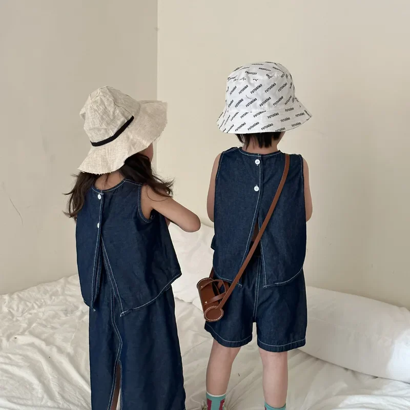 2024 Summer Brother Sister Denim Outfits Retro Solid Boy Children Sleeveless Tops Short 2pcs Girl Baby Cotton Casual Skirt Suit