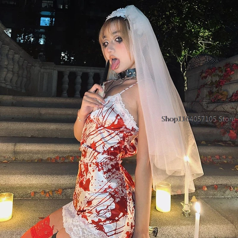 Costumi da donna spaventosi di Halloween abiti da ballo stampa insanguinata bretella sexy gonna allentata in pizzo cosplay abito da sposa velo per signora sexy