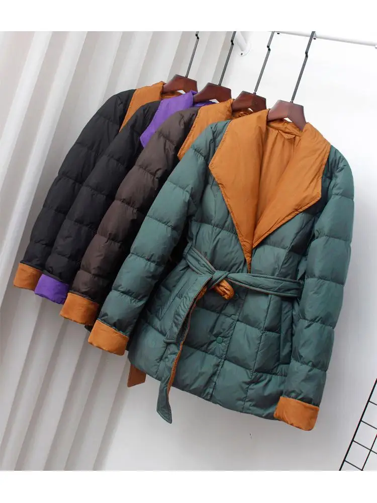 

Women White Duck Down Jacket Turn-Down Collar Office Lady Slim Autumn Winter Outwear Sashes Fashion Coat