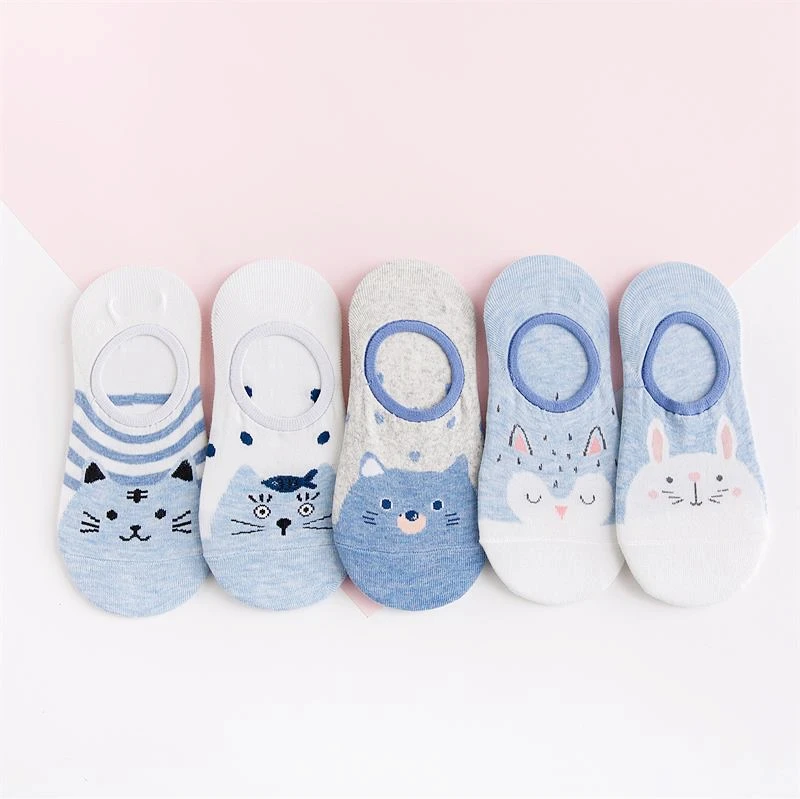 5 Pairs/lot Cute Harajuku Animal Socks Women Summer Korean Cat Bear Rabbit Funny Low Cut Ankle Sock Happy Sox Kawaii Socks